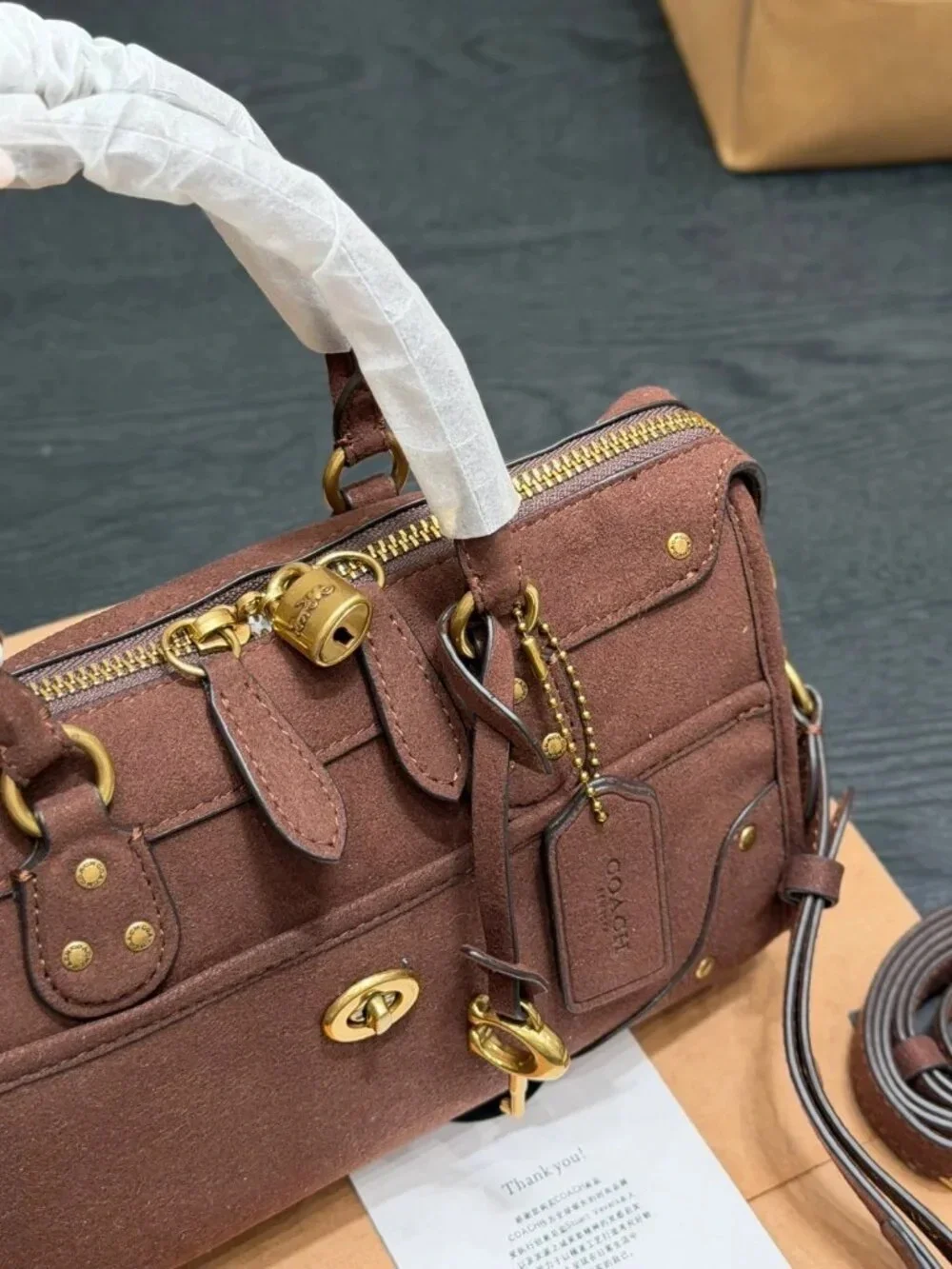 Coach Brown Suede Satchel with Gold-Tone Hardware